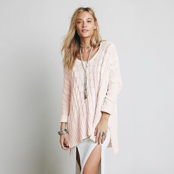 Free People Sweaters - Soft Cable Knit V-Neck Sweater - Light Pink
